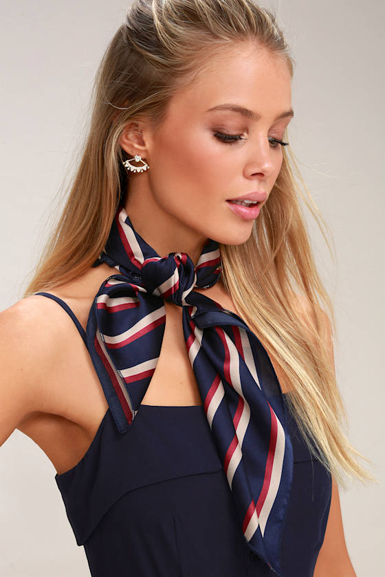Chic Navy Blue Scarf Striped Scarf Satin Scarf
