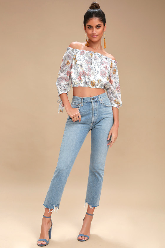 Carlile Ivory Floral Print Off-the-Shoulder Crop Top 2