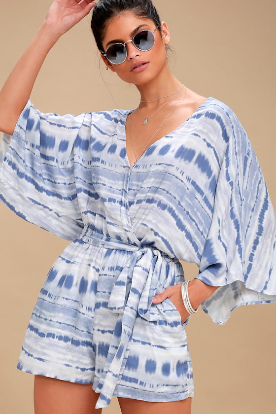 Boho blue tie dye sleeveless romper with round neck