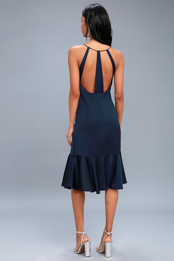 navy blue satin dress midi