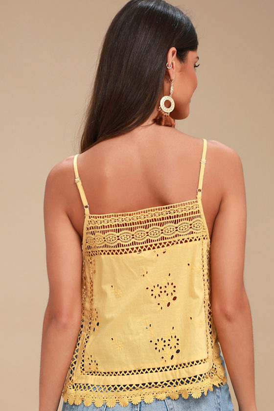 Free People Garden Party - Yellow Embroidered Tank Top - Lulus