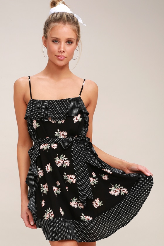 Ruffle Around the Edges Black Floral Print Mini Dress