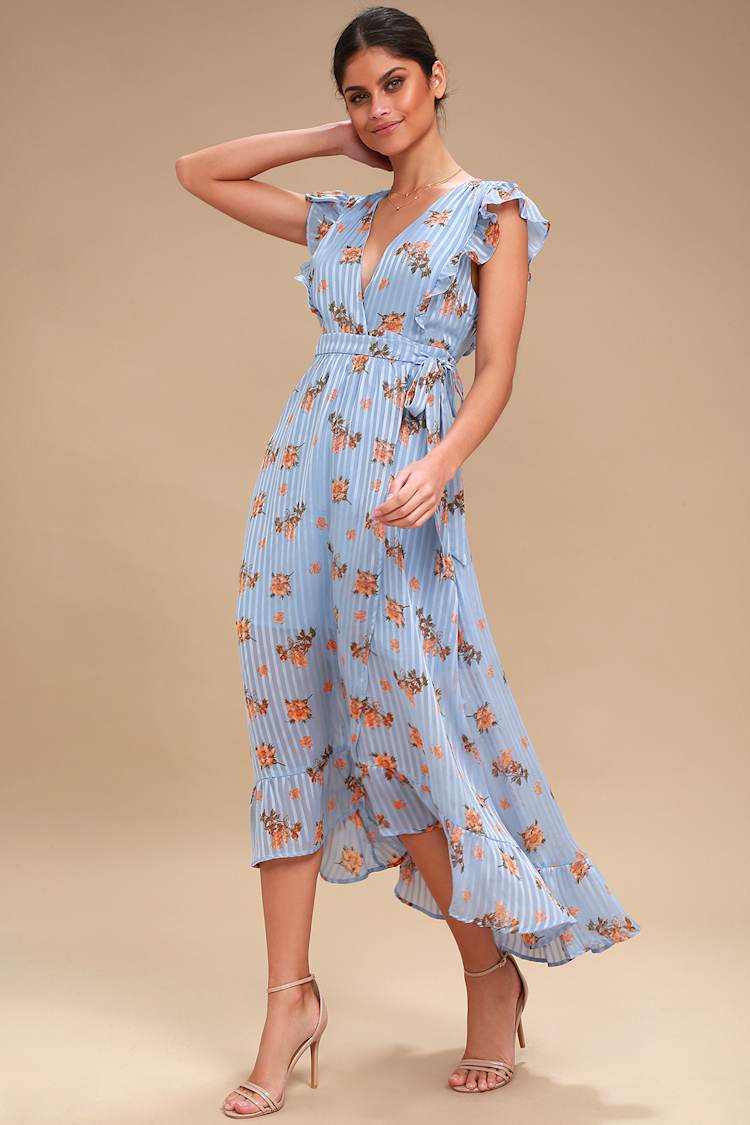 ASTR the Label Lila - Light Blue Dress - Floral Wrap Dress - Lulus
