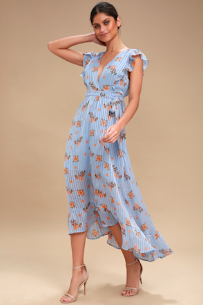 ASTR the Label Lila Light Blue Dress Floral Wrap Dress Lulus