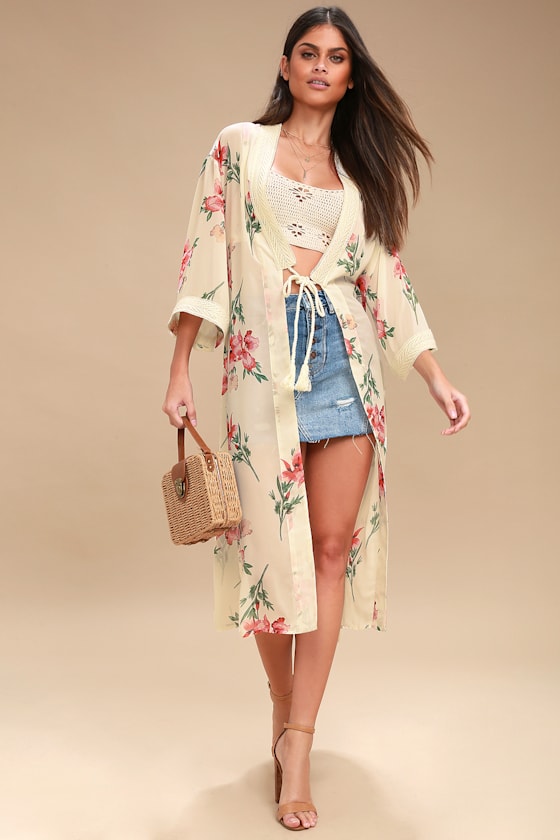 Lovely Cream Kimono Sheer Floral Print Kimono CoverUp Lulus