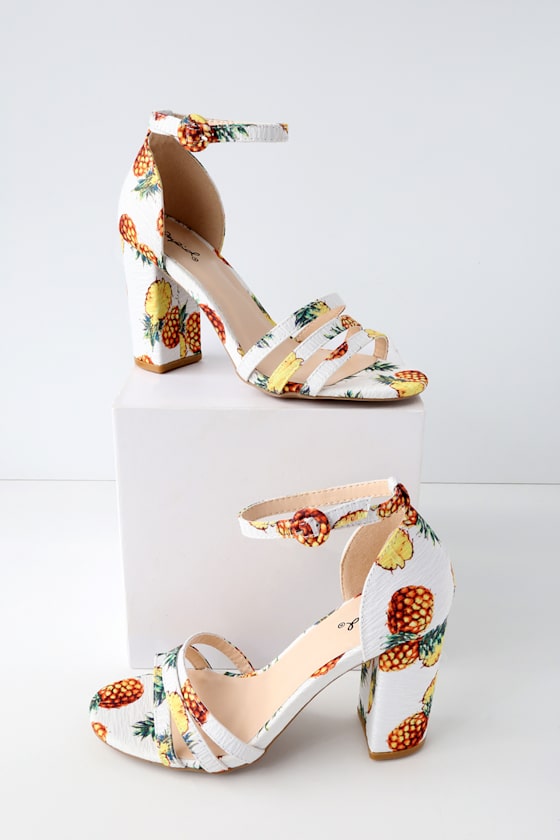 Jadey White Multi Pineapple Print Ankle Strap Heels 3