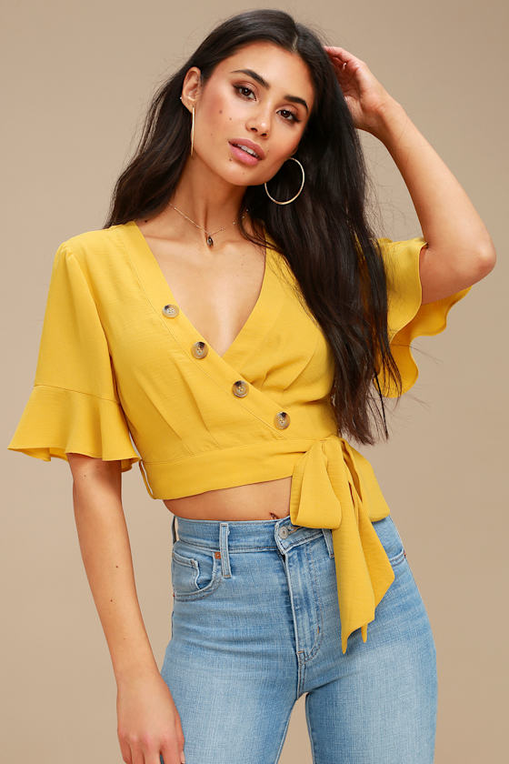 Cute Yellow Crop Top Wrap Top Flounce Sleeve Top Lulus