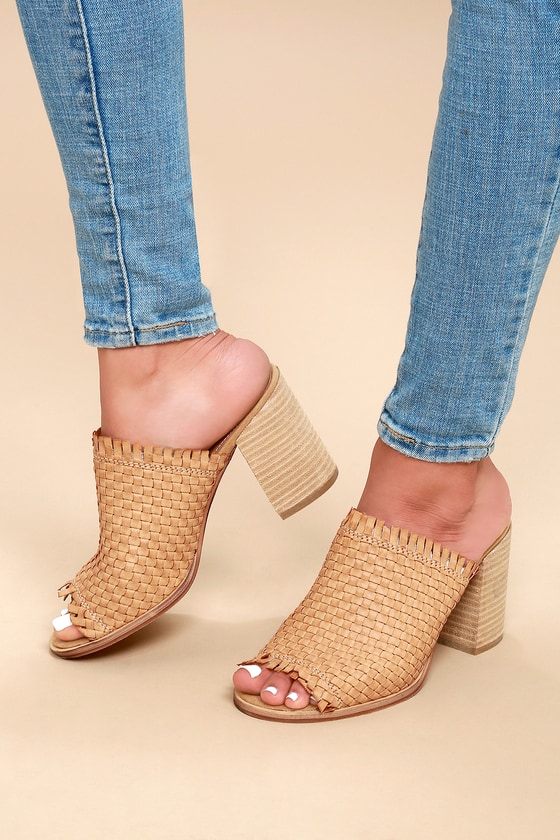 tan woven mules heels