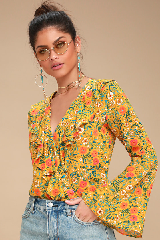 Mustard Yellow Floral Print Bodysuit - Bell Sleeve Bodysuit - Lulus