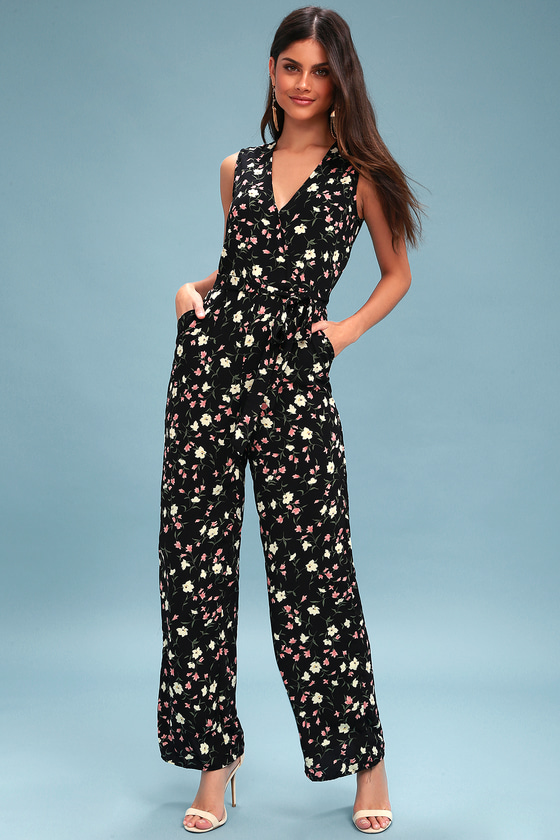 Lovely Black Floral Print Jumpsuit - Wide-Leg Jumpsuit - Lulus