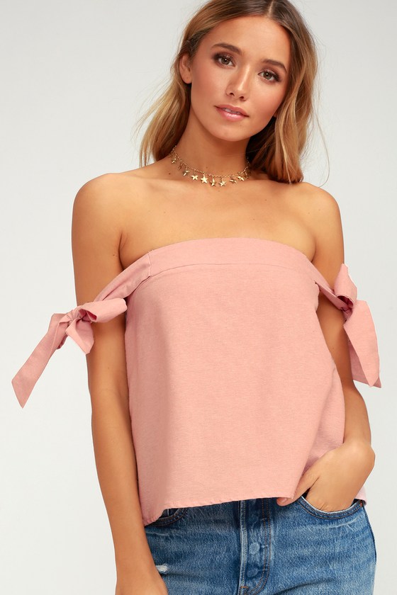 Cute Blush Pink Off the Shoulder Top Tie Sleeve Top Lulus