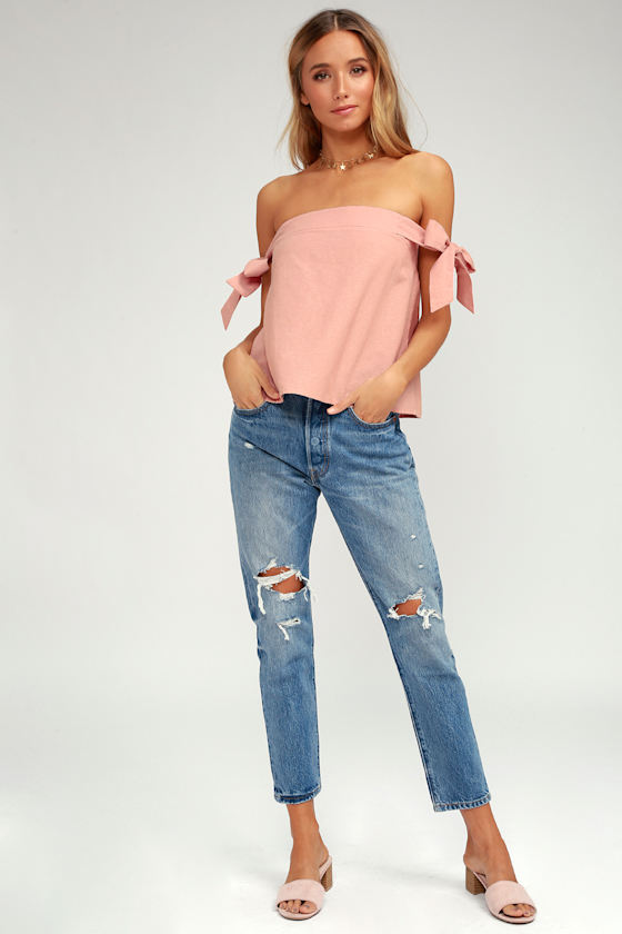 Cute Blush Pink Off-the-Shoulder Top - Tie Sleeve Top - Lulus