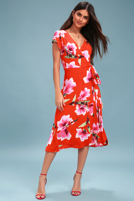 Have Love Will Travel Coral Red Floral Print Wrap Midi Dress