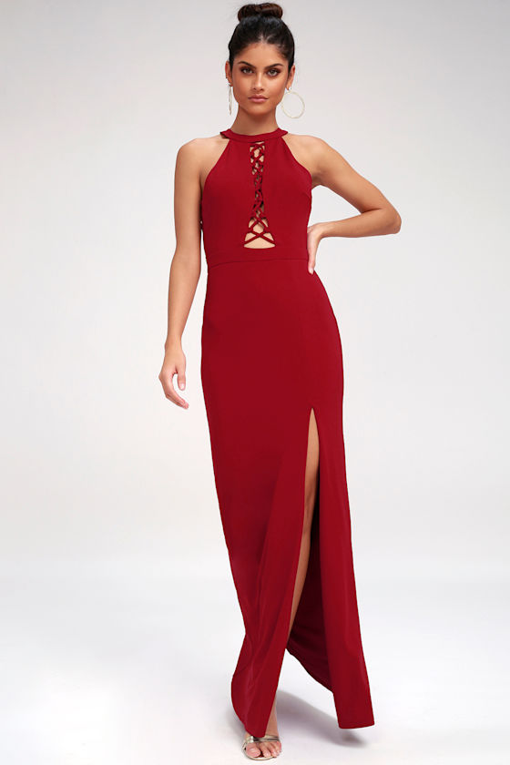 Can't Take My Eyes Off Of You Wine Red Strappy Halter Maxi Dress 1