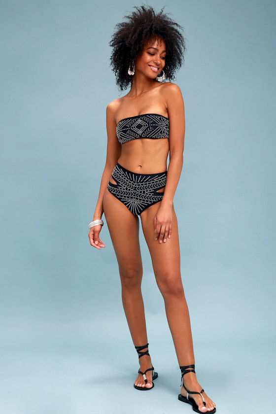 Whitney Black Studded High-Waisted Cutout Bikini Bottom 2
