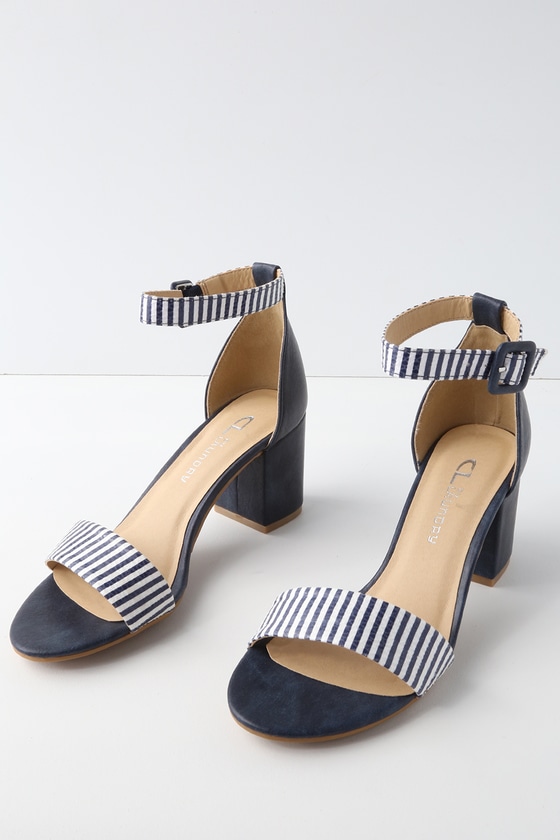 All In Navy and Indigo Striped Ankle Strap Heels