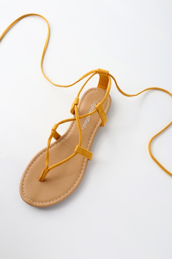 yellow lace up flat sandals