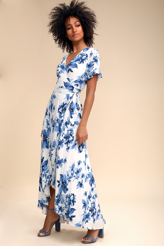 Pretty Blue and White Floral Print Dress - Wrap Maxi Dress - Lulus