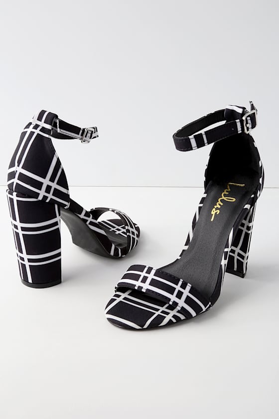 Camdyn Black and White Print Ankle Strap Heels 2