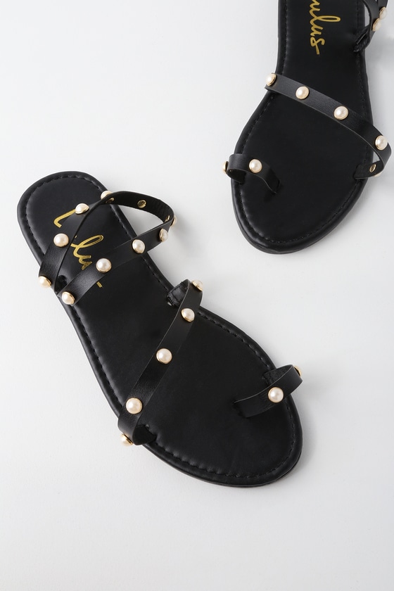 black flat sandals with pearls