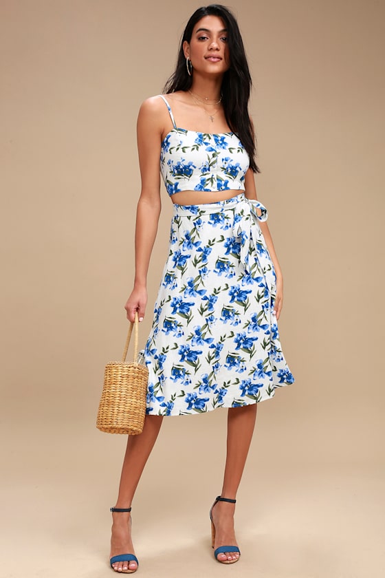 Cute White Floral Print Skirt Midi Skirt Floral Skirt Lulus