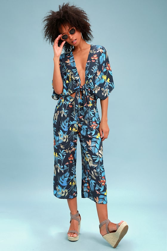 Rover Navy Blue Tropical Print Culotte Pants 1