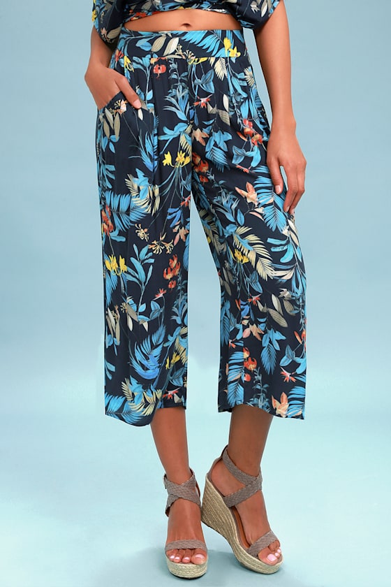 Rover Navy Blue Tropical Print Culotte Pants 3