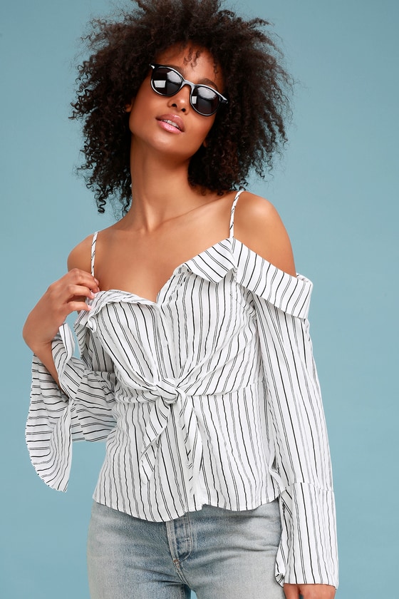 Striped Off Shoulder Tops - LINDA TENCHI TRAN