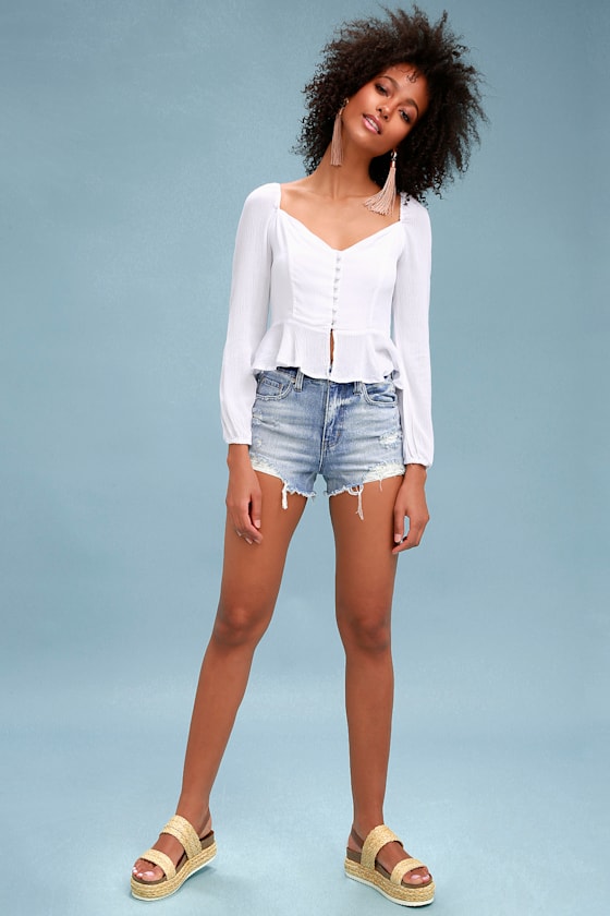 Nova Light Wash Distressed High-Waisted Denim Shorts 2
