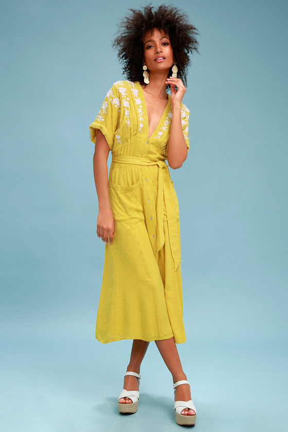 Love to Love You Mustard Yellow Embroidered Button-Up Midi Dress 1