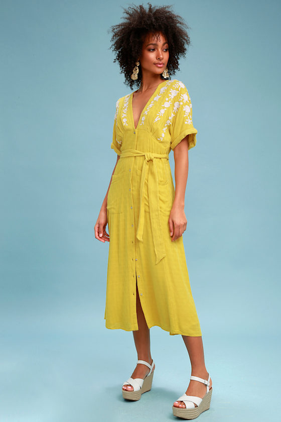 Love to Love You Mustard Yellow Embroidered Button-Up Midi Dress 2
