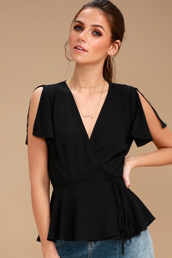 black short sleeve wrap top