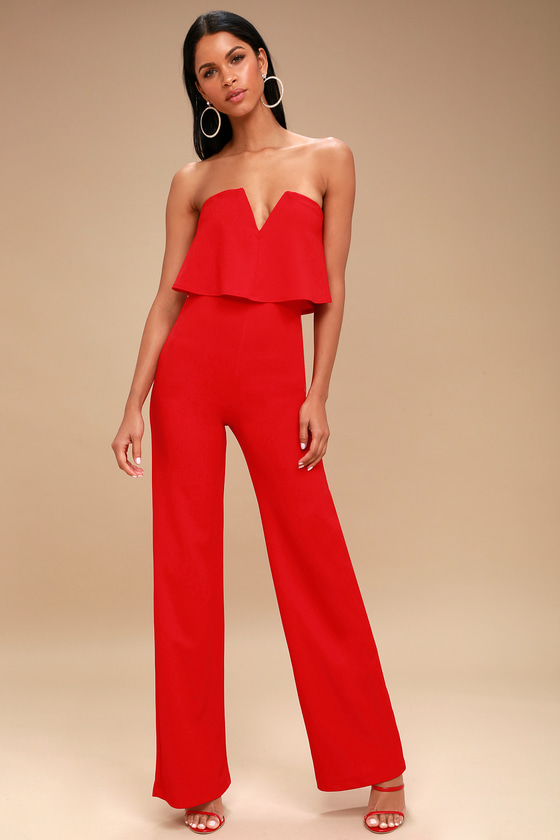 Sexy Red Jumpsuit - Strapless Jumpsuit - Wide Leg Jumpsuit - Lulus