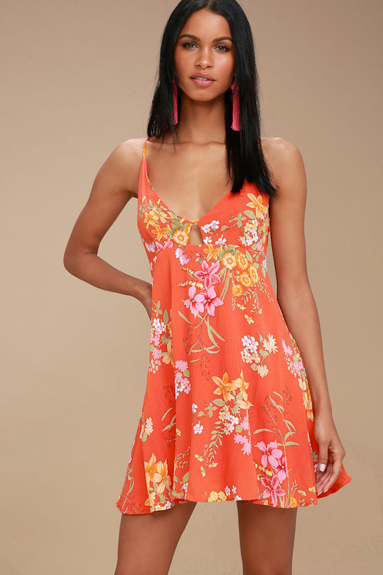 Orange Floral Print Dress Swing Dress Backless Dress Lulus