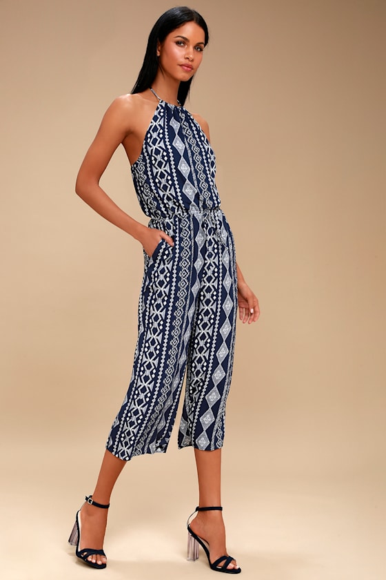 Boho Print Jumpsuit Navy Blue Jumpsuit Halter Jumpsuit Lulus