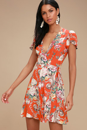 Dancer Coral Red Floral Print Wrap Dress