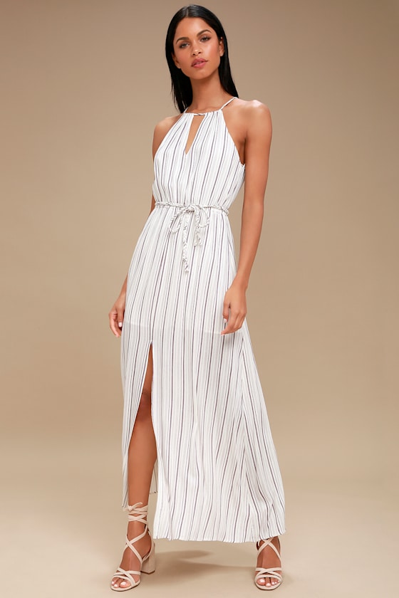 Daydreamer Ivory Striped Halter Maxi Dress 1