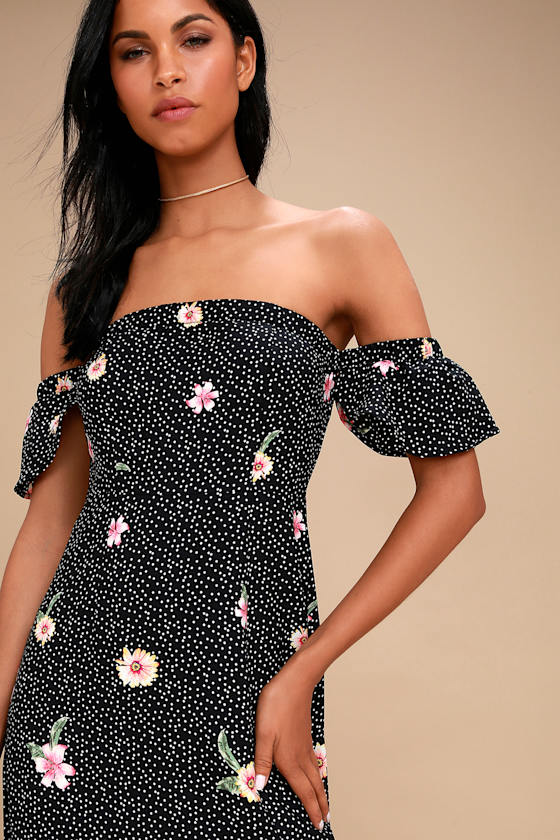 black floral off the shoulder maxi dress