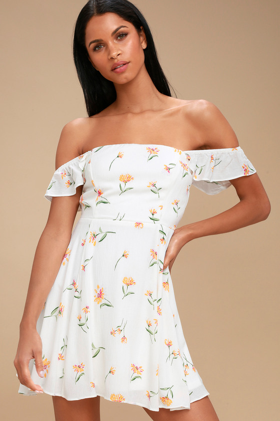 white floral dress off the shoulder