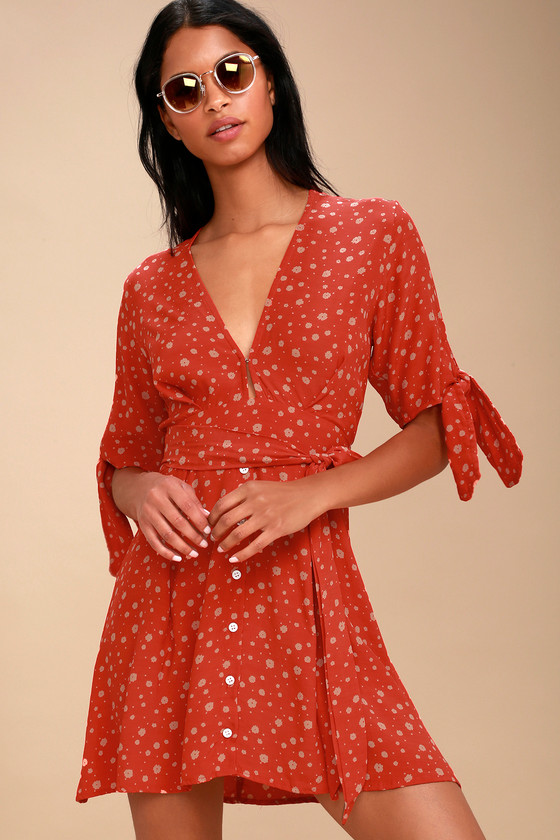 Birgit Coral Red Floral Print Tie Sleeve Dress
