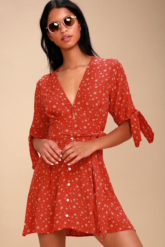 Birgit Coral Red Floral Print Tie-Sleeve Dress 1