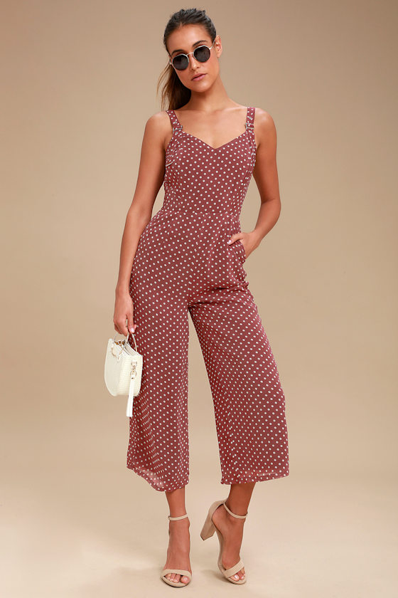 Lorita Washed Burgundy Polka Dot Culotte Jumpsuit 1