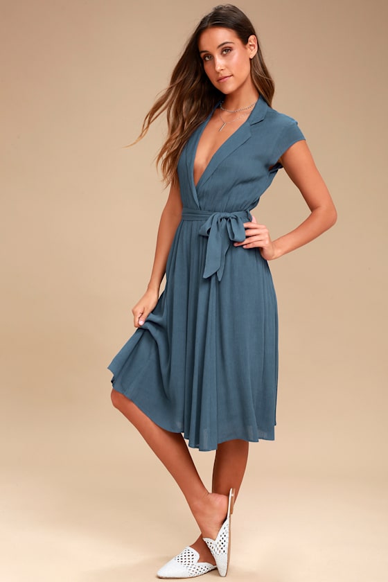 Always Adored Denim Blue Surplice Midi Dress 6