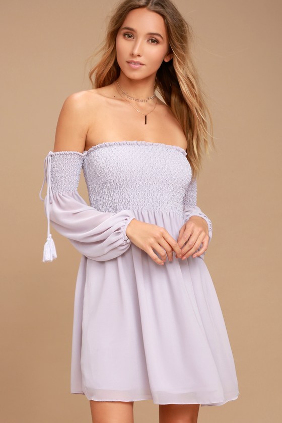 Lovely Lavender Dress - Off-the-Shoulder Dress - Long Sleeve Dress ...