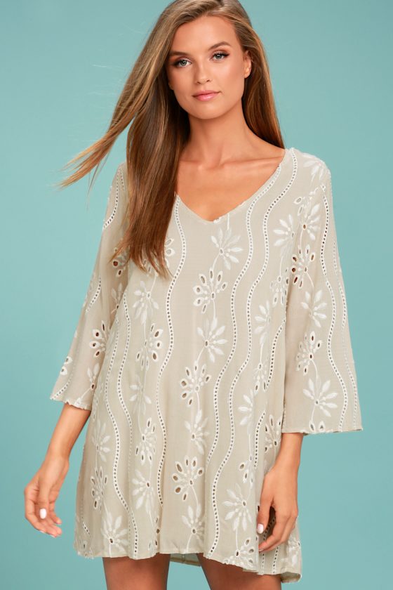 Cute Beige Dress Embroidered Shift Dress Long Sleeve Dress Lulus