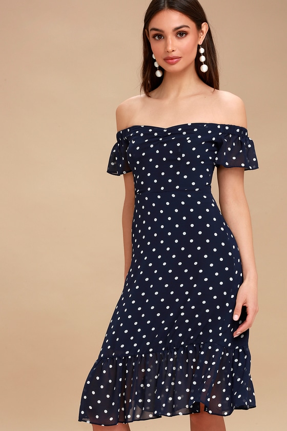 Cute Navy Blue Polka Dot Dress - Off-the-Shoulder Midi Dress - Lulus