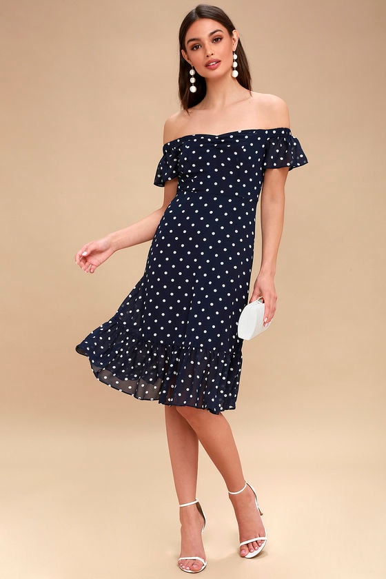Artesia Navy Blue Polka Dot Off-the-Shoulder Midi Dress 2