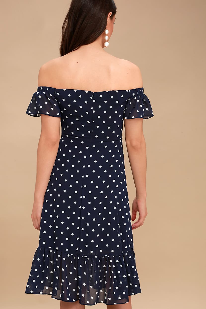 blue polka dot off the shoulder dress Zone Planet | Layla's One-Shoulder Polka Dot Slit Maxi Dress