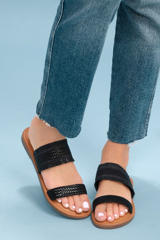 Report Oralia - Black Slide Sandals - Flat Sandals - Lulus