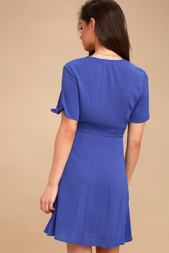 Cute Royal Blue Dress - Wrap Dress - Short Sleeve Dress